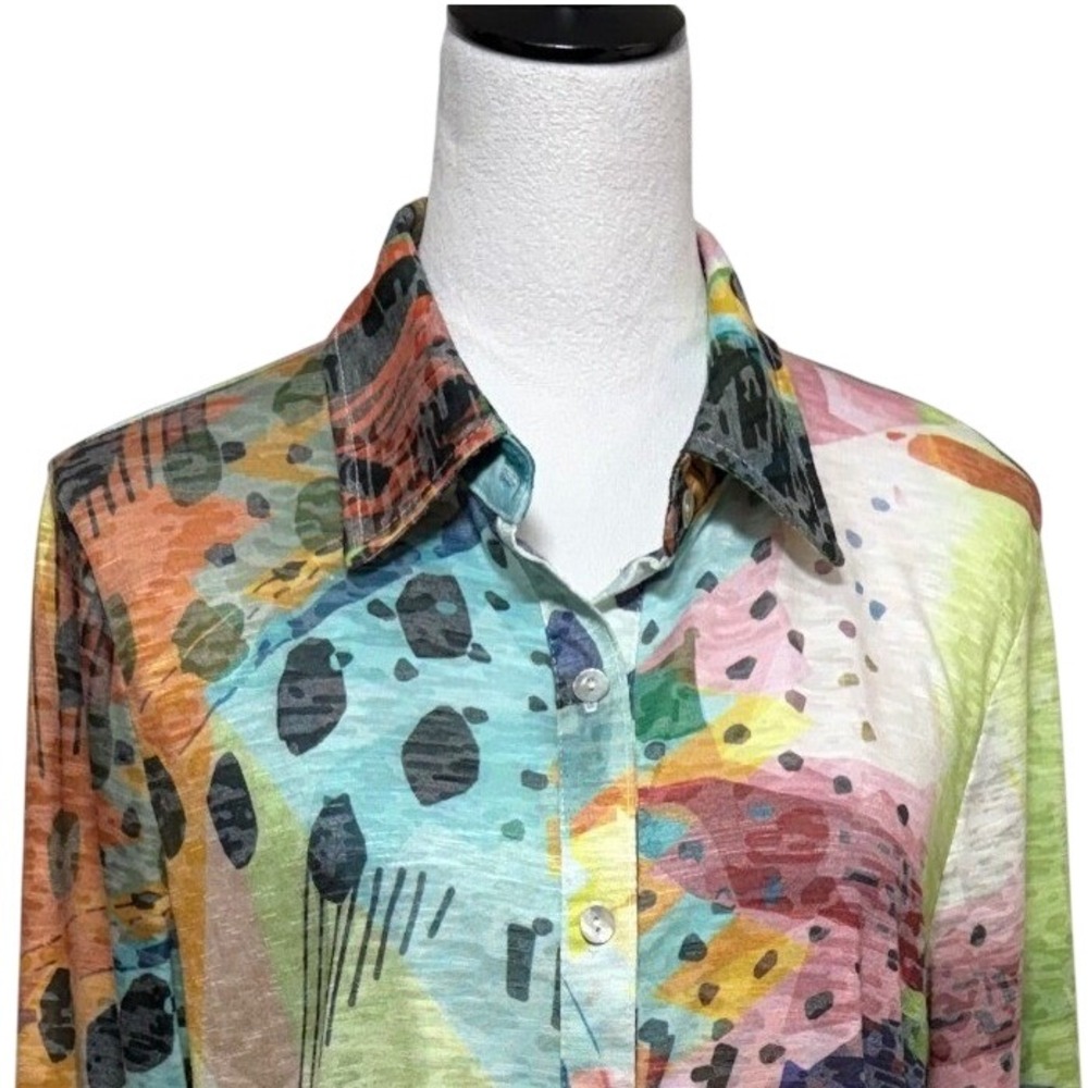 Jess & Jane Top Women Large Blue Colorful Pop Art Abstract Button Up 3/4 Sleeve
